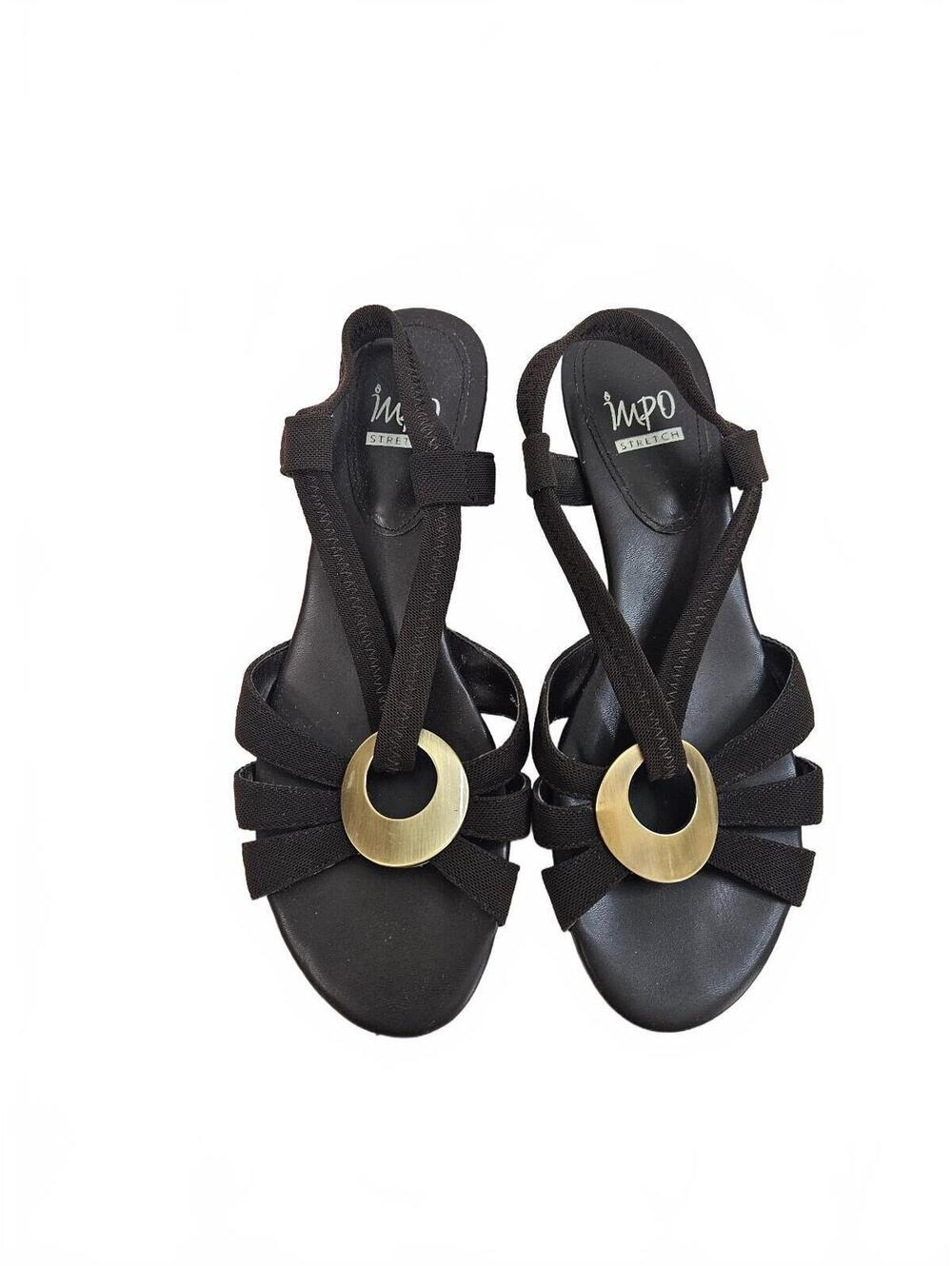 Impo Stretch Black Strappy Slingback Sandals with Gold Accent-Size 8-Retro Style